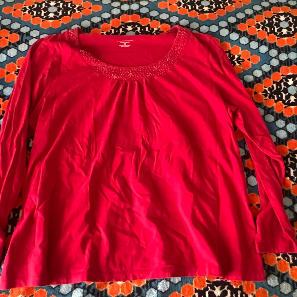 Croft & Barrow Red Cotton Long Sleeve Top with beaded neck
